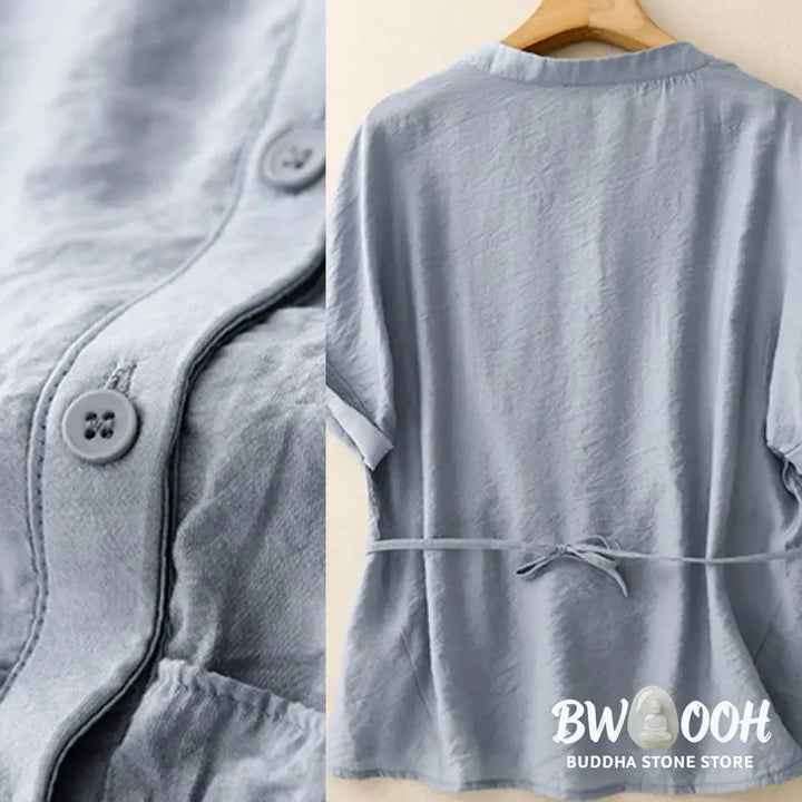 Buddha Stones Summer Button Lace-up Short Sleeve Women’s Cotton Shirt - Women’s Shirts