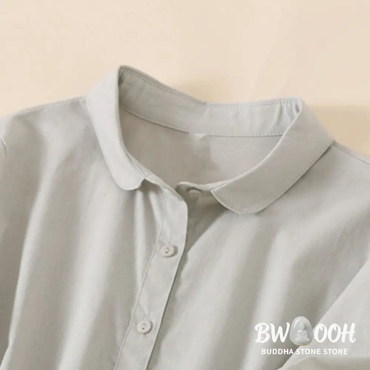 Buddha Stones Summer Buttons Design Short Sleeve Cotton Linen Midi Dress With Pockets - Midi Dress