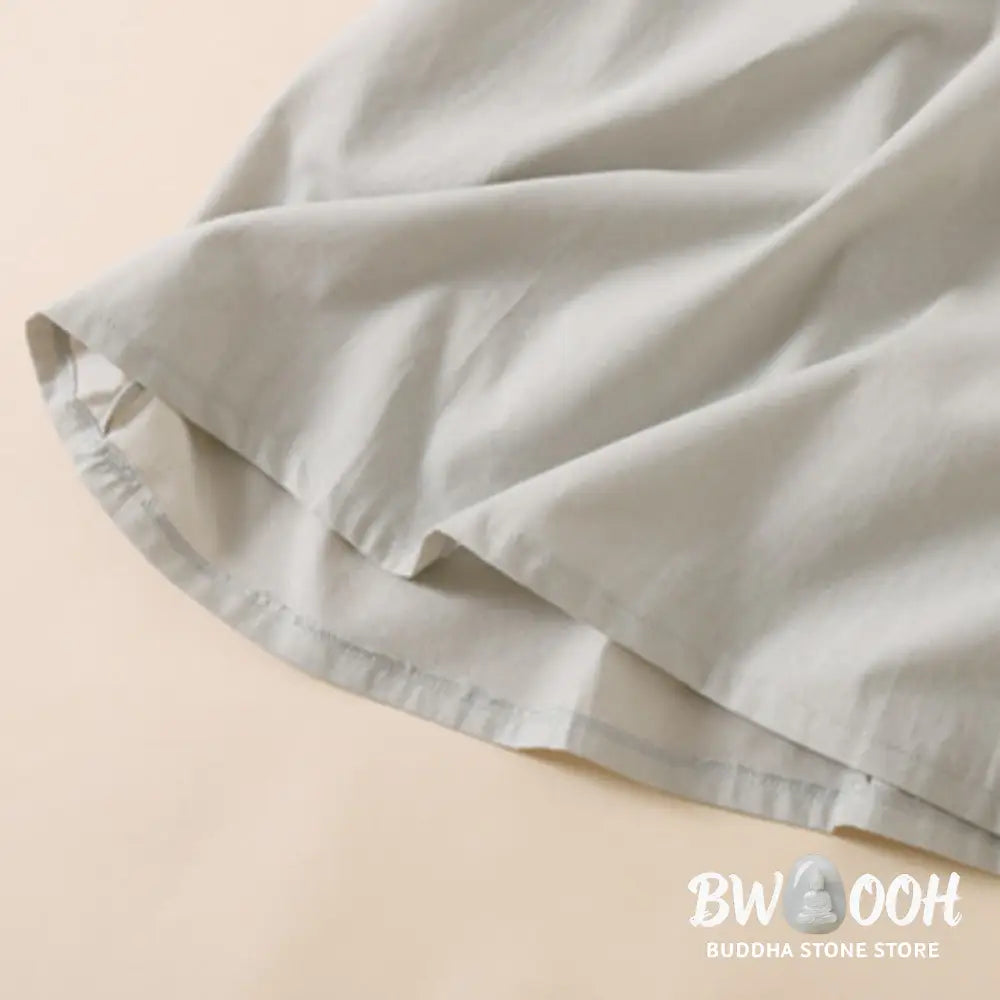 Buddha Stones Summer Buttons Design Short Sleeve Cotton Linen Midi Dress With Pockets - Midi Dress