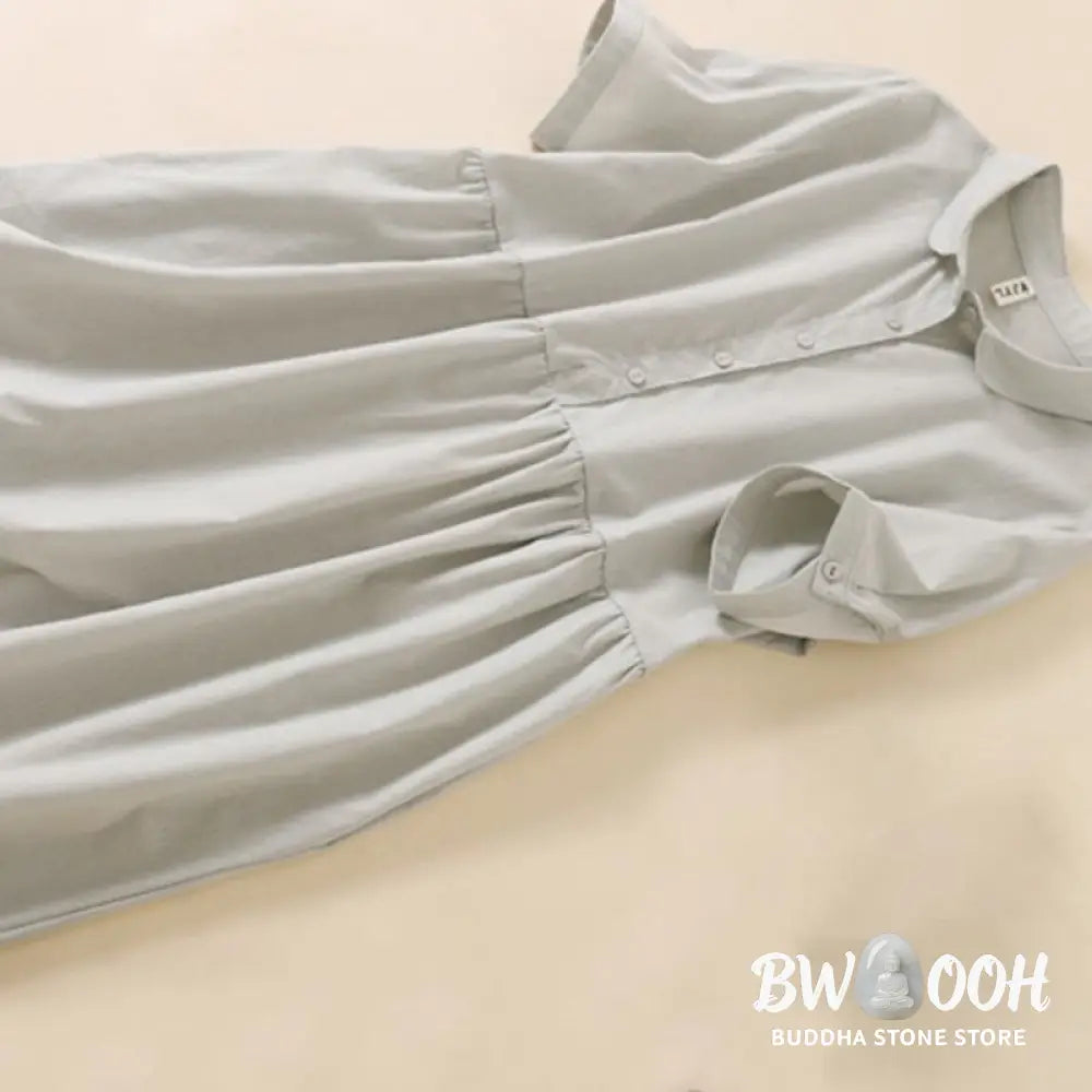 Buddha Stones Summer Buttons Design Short Sleeve Cotton Linen Midi Dress With Pockets - Midi Dress