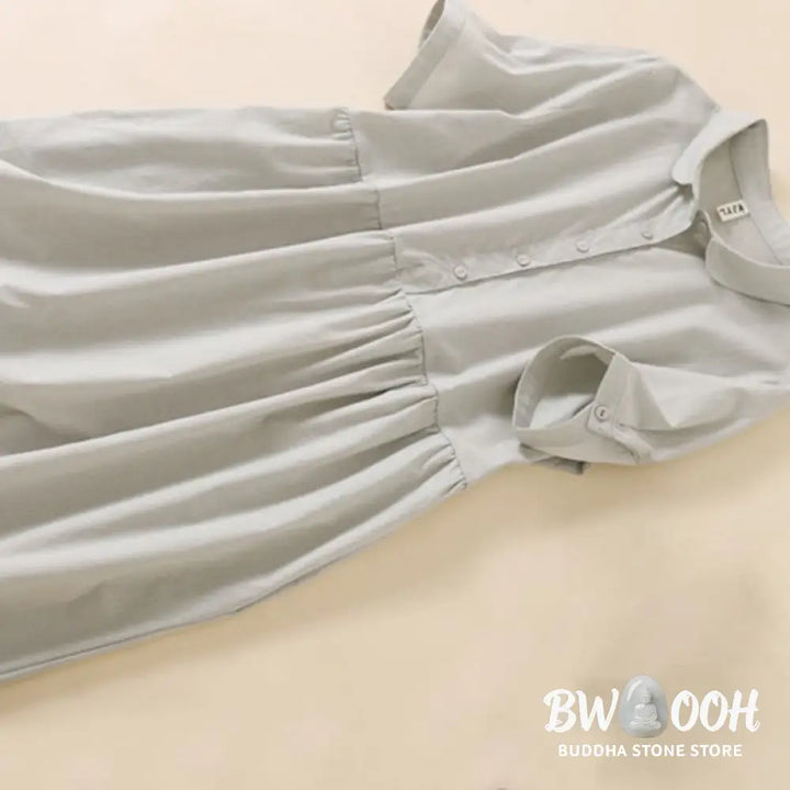 Buddha Stones Summer Buttons Design Short Sleeve Cotton Linen Midi Dress With Pockets - Midi Dress