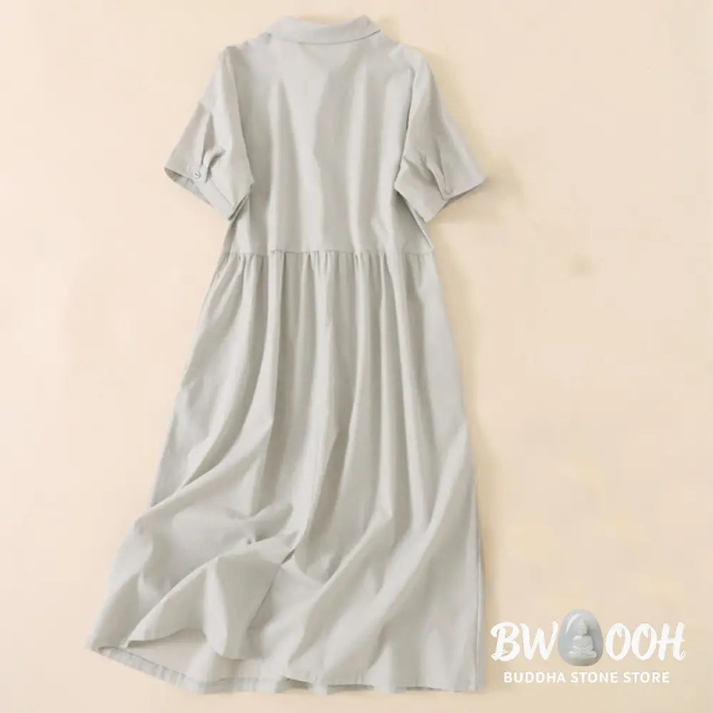 Buddha Stones Summer Buttons Design Short Sleeve Cotton Linen Midi Dress With Pockets - Midi Dress
