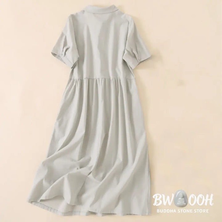 Buddha Stones Summer Buttons Design Short Sleeve Cotton Linen Midi Dress With Pockets - Midi Dress