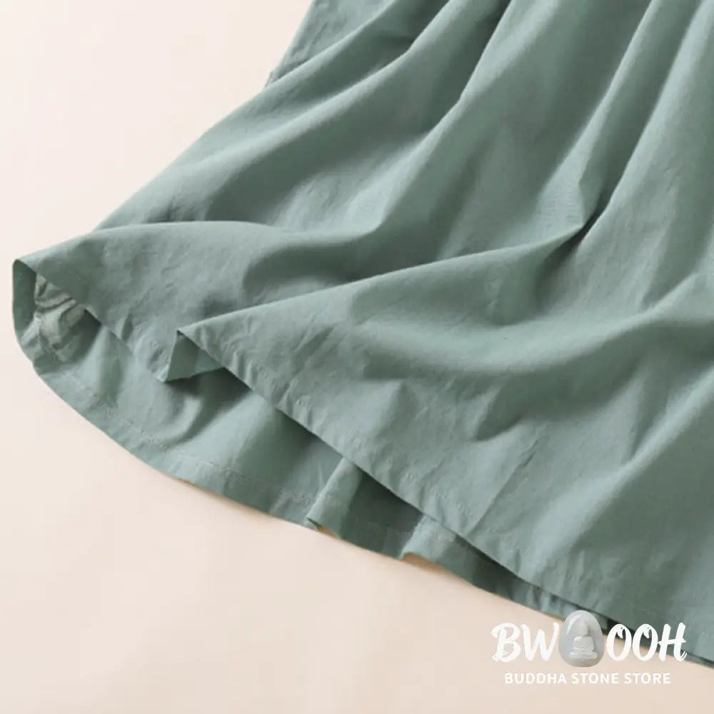 Buddha Stones Summer Buttons Design Short Sleeve Cotton Linen Midi Dress With Pockets - Midi Dress