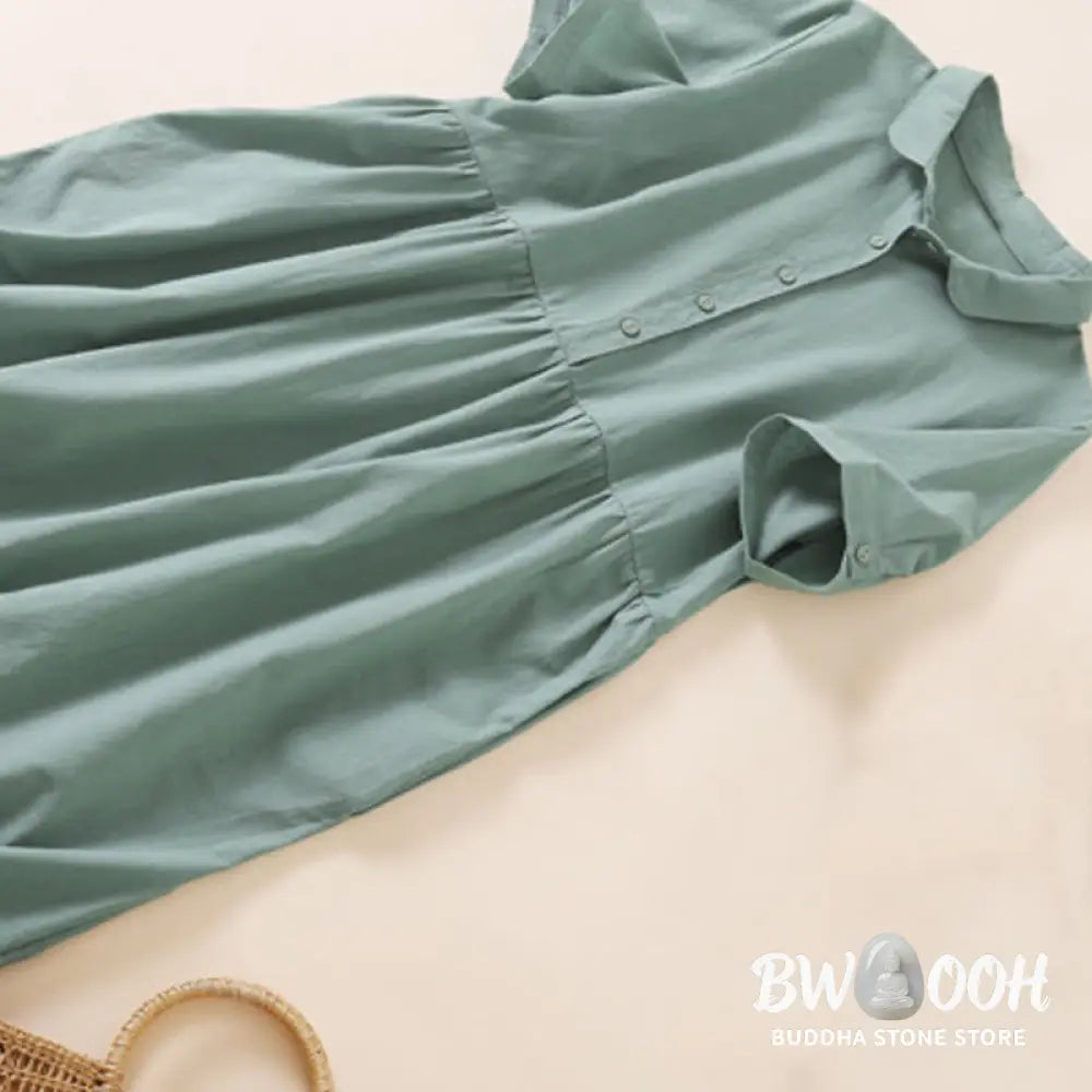 Buddha Stones Summer Buttons Design Short Sleeve Cotton Linen Midi Dress With Pockets - Midi Dress
