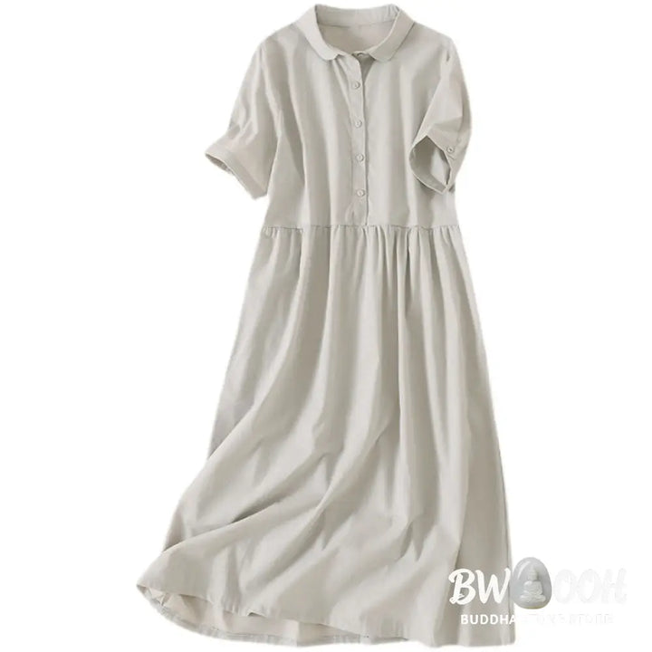 Buddha Stones Summer Buttons Design Short Sleeve Cotton Linen Midi Dress With Pockets - Midi Dress