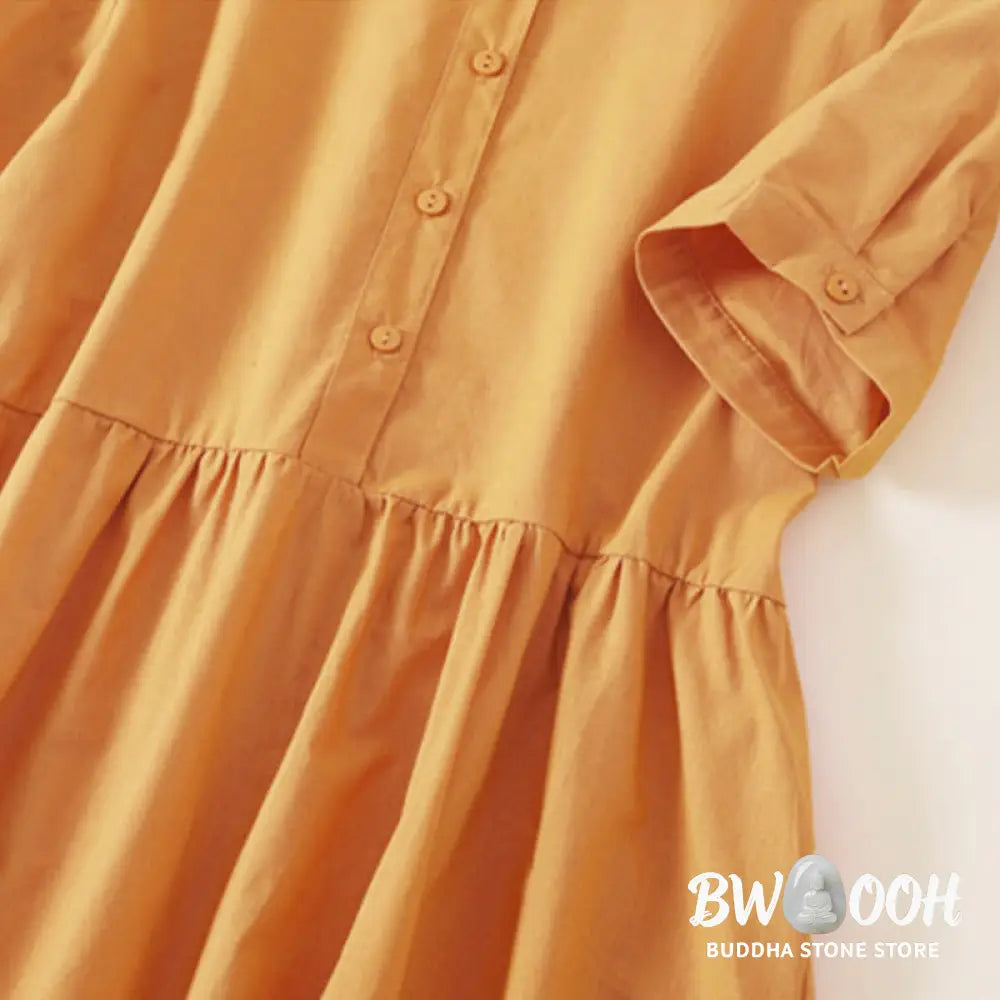 Buddha Stones Summer Buttons Design Short Sleeve Cotton Linen Midi Dress With Pockets - Midi Dress
