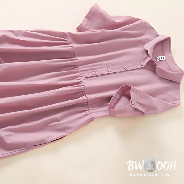 Buddha Stones Summer Buttons Design Short Sleeve Cotton Linen Midi Dress With Pockets - Midi Dress