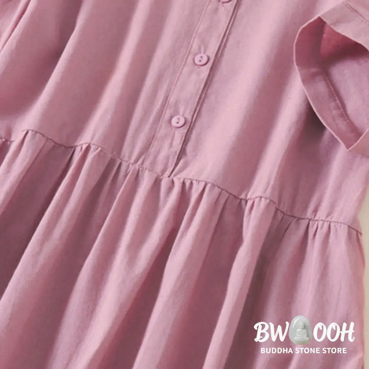 Buddha Stones Summer Buttons Design Short Sleeve Cotton Linen Midi Dress With Pockets - Midi Dress