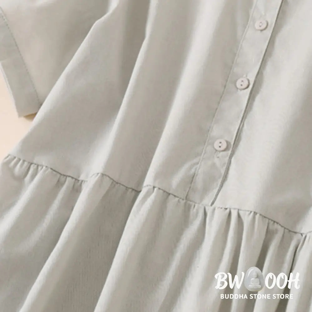 Buddha Stones Summer Buttons Design Short Sleeve Cotton Linen Midi Dress With Pockets - Midi Dress