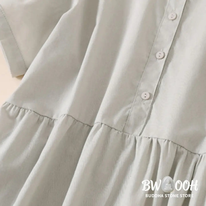 Buddha Stones Summer Buttons Design Short Sleeve Cotton Linen Midi Dress With Pockets - Midi Dress