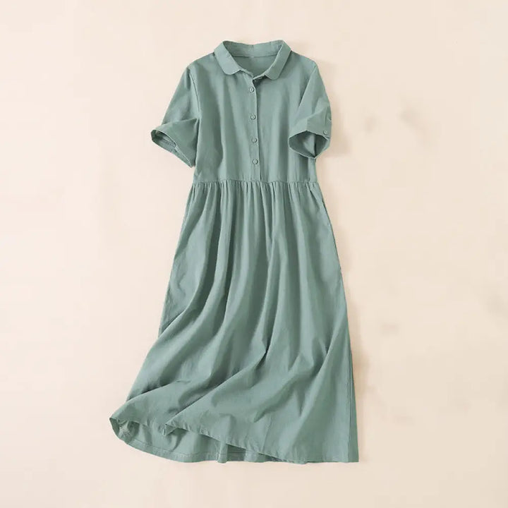 Buddha Stones Summer Buttons Design Short Sleeve Cotton Linen Midi Dress With Pockets - LightSeaGreen / US4，UK/AU8，EU36