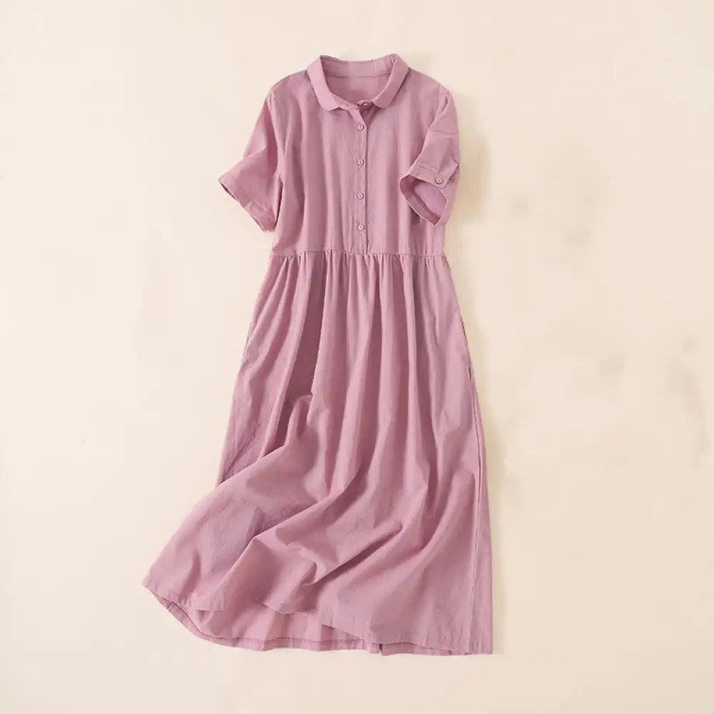 BWOOOH Summer Buttons Design Short Sleeve Cotton Linen Mi