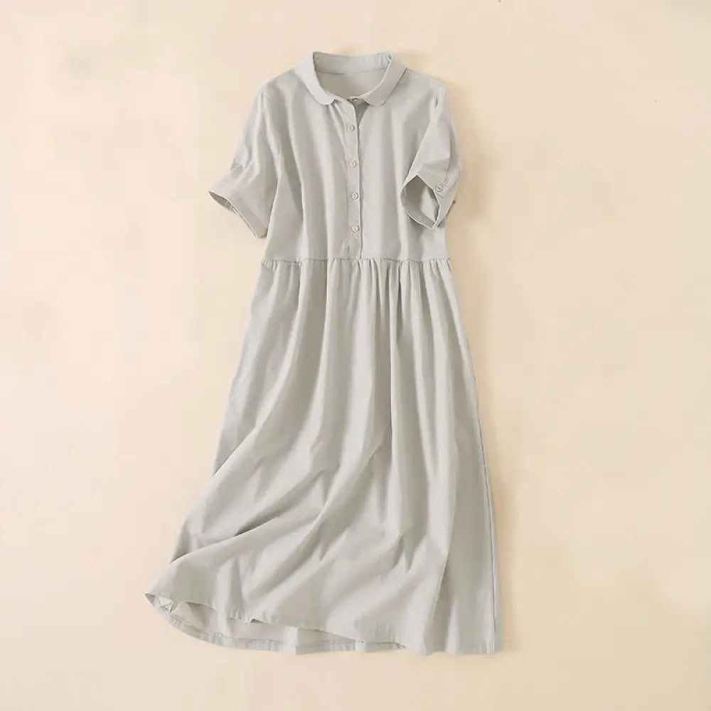 Buddha Stones Summer Buttons Design Short Sleeve Cotton Linen Midi Dress With Pockets - Linen / US4，UK/AU8，EU36 (L)