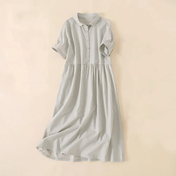Buddha Stones Summer Buttons Design Short Sleeve Cotton Linen Midi Dress With Pockets - Linen / US4，UK/AU8，EU36 (L)