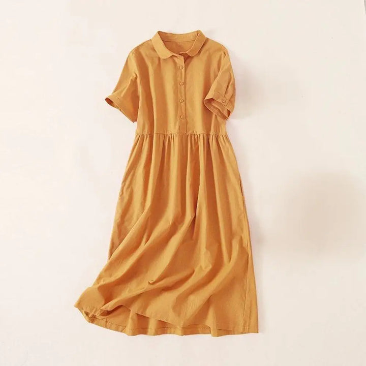 Buddha Stones Summer Buttons Design Short Sleeve Cotton Linen Midi Dress With Pockets - Yellow / US4，UK/AU8，EU36 (L)