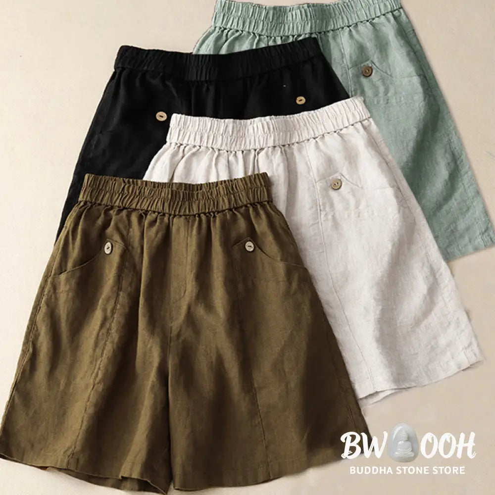 Buddha Stones Summer Casual Buttons Plain Cotton Women’s Shorts With Pockets - Women’s Shorts
