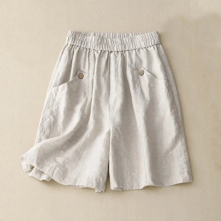 Buddha Stones Summer Casual Buttons Plain Cotton Women’s Shorts With Pockets - Beige / US4，UK/AU8，EU36 (L) - Women’s