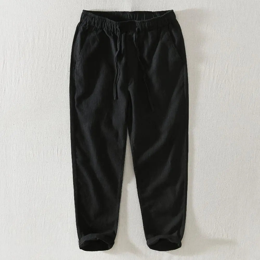 Buddha Stones Summer Casual Drawstring Ramie Linen Men’s Pants With Pockets - Black / US/UK/AU36，EU46 (L) - Men’s Pants