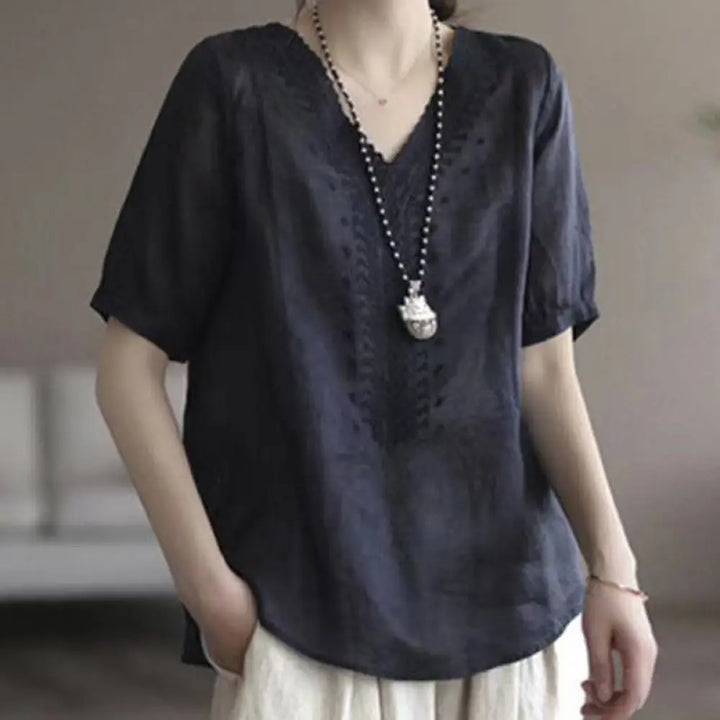 Buddha Stones Summer Casual Embroidered Pattern Women’s V-Neck Design Half Sleeve Cotton Linen T-shirt - Black
