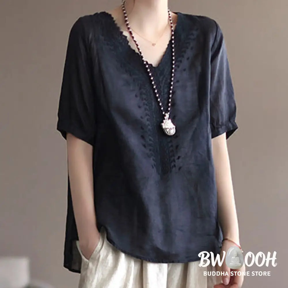 Buddha Stones Summer Casual Embroidered Pattern Women’s V-Neck Design Half Sleeve Cotton Linen T-shirt - Women’s