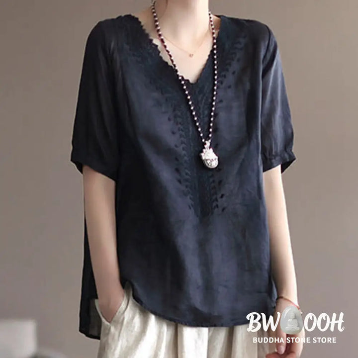 Buddha Stones Summer Casual Embroidered Pattern Women’s V-Neck Design Half Sleeve Cotton Linen T-shirt - Women’s