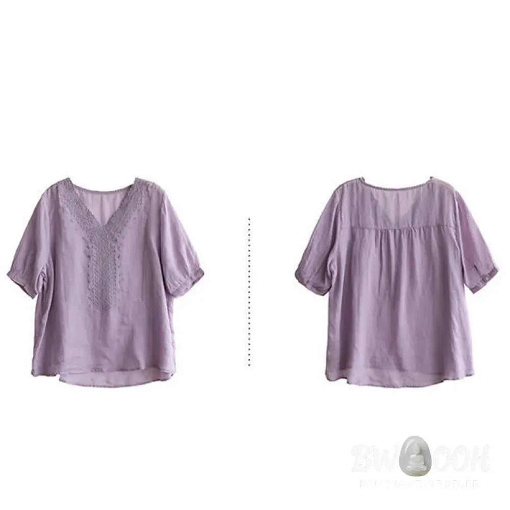 Buddha Stones Summer Casual Embroidered Pattern Women’s V-Neck Design Half Sleeve Cotton Linen T-shirt - Women’s