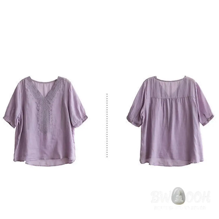 Buddha Stones Summer Casual Embroidered Pattern Women’s V-Neck Design Half Sleeve Cotton Linen T-shirt - Women’s