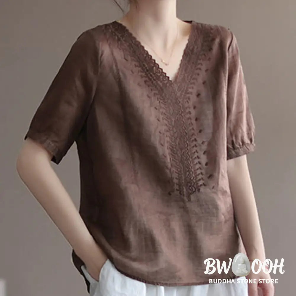 Buddha Stones Summer Casual Embroidered Pattern Women’s V-Neck Design Half Sleeve Cotton Linen T-shirt - Women’s