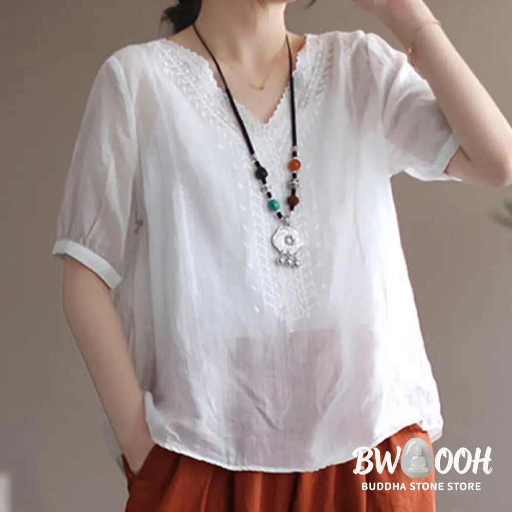 Buddha Stones Summer Casual Embroidered Pattern Women’s V-Neck Design Half Sleeve Cotton Linen T-shirt - Women’s