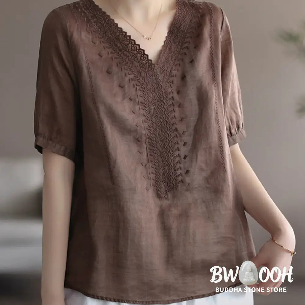 Buddha Stones Summer Casual Embroidered Pattern Women’s V-Neck Design Half Sleeve Cotton Linen T-shirt - Women’s