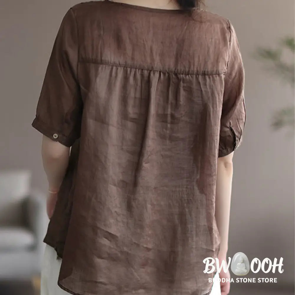Buddha Stones Summer Casual Embroidered Pattern Women’s V-Neck Design Half Sleeve Cotton Linen T-shirt - Women’s
