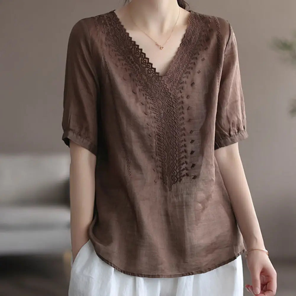 Buddha Stones Summer Casual Embroidered Pattern Women’s V-Neck Design Half Sleeve Cotton Linen T-shirt - Sienna