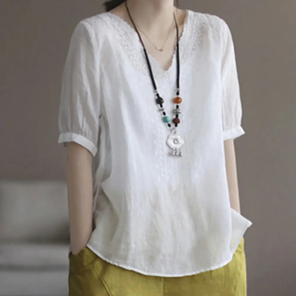 Buddha Stones Summer Casual Embroidered Pattern Women’s V-Neck Design Half Sleeve Cotton Linen T-shirt - White
