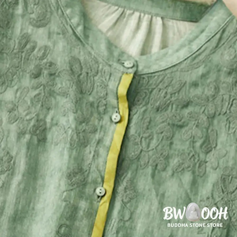 Buddha Stones Summer Casual Embroidered Stand Collar Design Three Quarter Sleeve Acrylic Midi Dress - Midi Dress