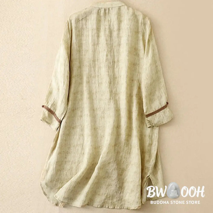 Buddha Stones Summer Casual Embroidered Stand Collar Design Three Quarter Sleeve Acrylic Midi Dress - Midi Dress