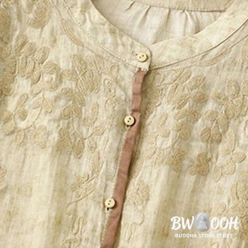 Buddha Stones Summer Casual Embroidered Stand Collar Design Three Quarter Sleeve Acrylic Midi Dress - Midi Dress