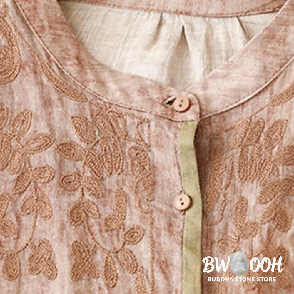 Buddha Stones Summer Casual Embroidered Stand Collar Design Three Quarter Sleeve Acrylic Midi Dress - Midi Dress
