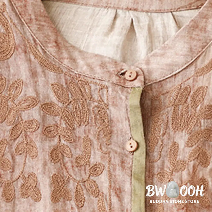 Buddha Stones Summer Casual Embroidered Stand Collar Design Three Quarter Sleeve Acrylic Midi Dress - Midi Dress