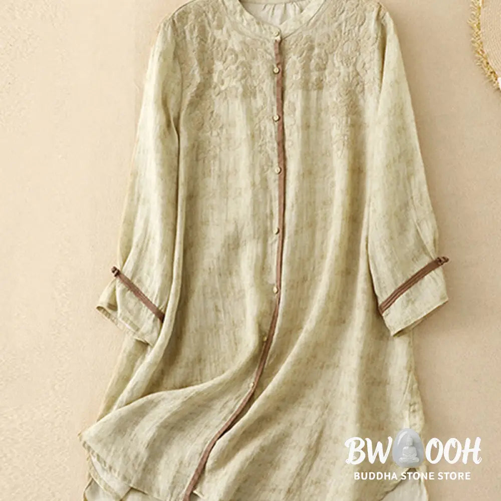 Buddha Stones Summer Casual Embroidered Stand Collar Design Three Quarter Sleeve Acrylic Midi Dress - Midi Dress