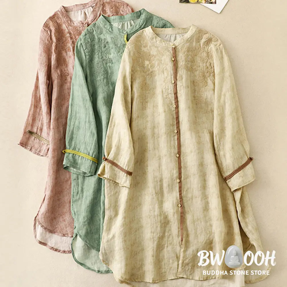 Buddha Stones Summer Casual Embroidered Stand Collar Design Three Quarter Sleeve Acrylic Midi Dress - Midi Dress