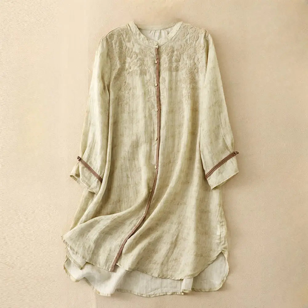 Buddha Stones Summer Casual Embroidered Stand Collar Design Three Quarter Sleeve Acrylic Midi Dress - LemonChiffon