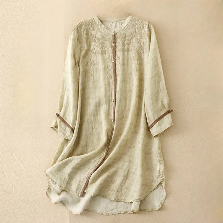 Buddha Stones Summer Casual Embroidered Stand Collar Design Three Quarter Sleeve Acrylic Midi Dress - LemonChiffon