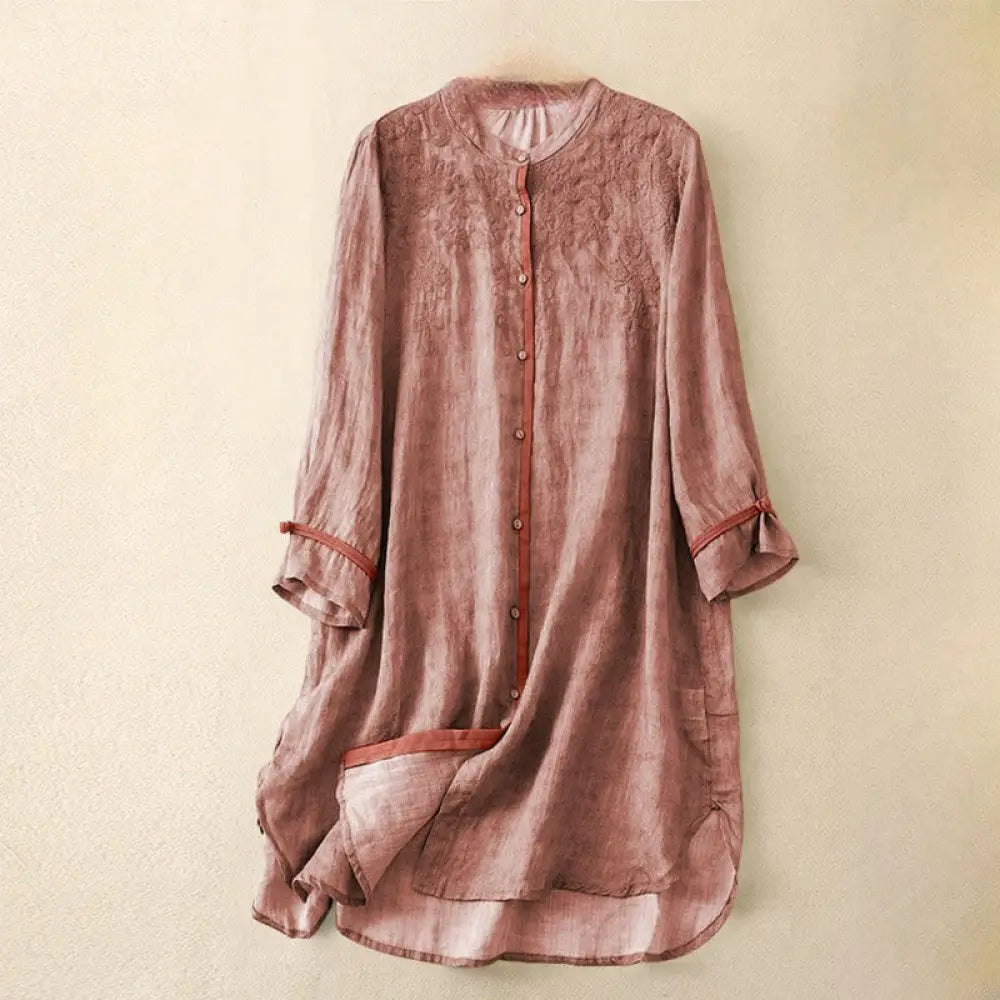 Buddha Stones Summer Casual Embroidered Stand Collar Design Three Quarter Sleeve Acrylic Midi Dress - LightCoral