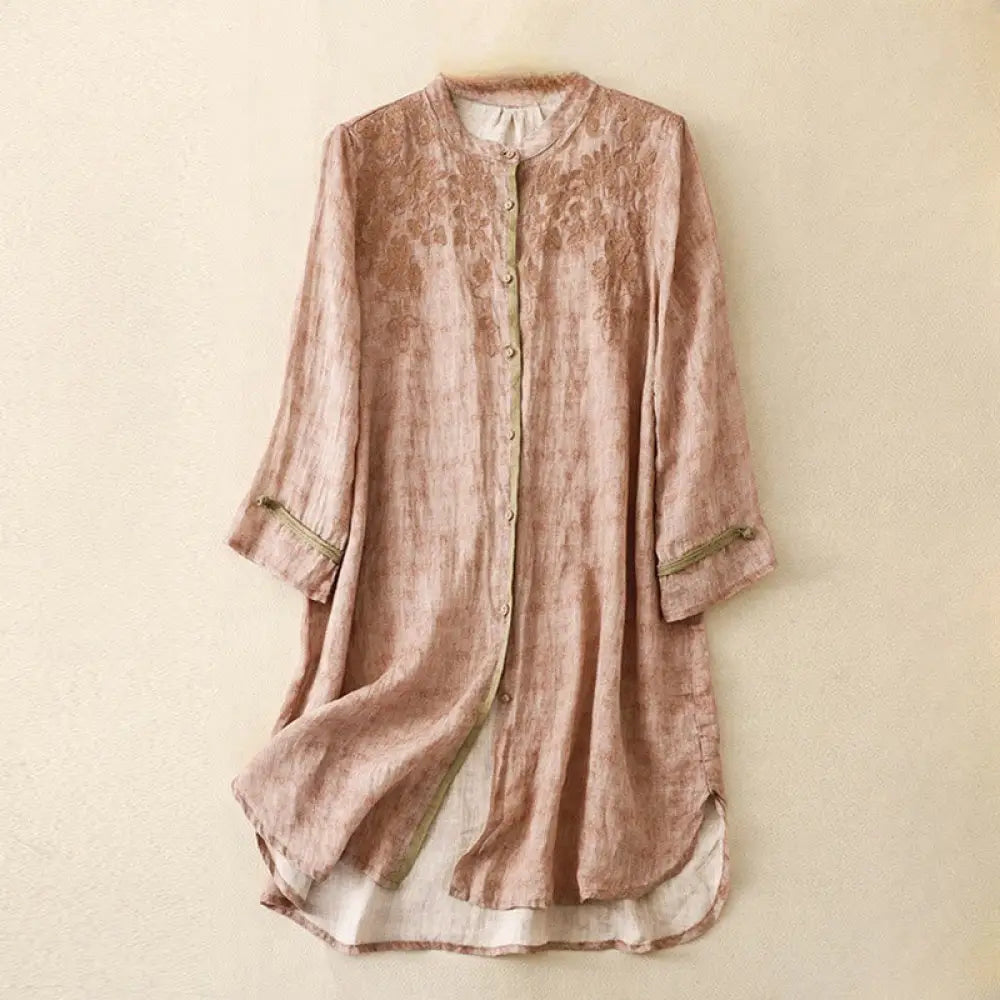 Buddha Stones Summer Casual Embroidered Stand Collar Design Three Quarter Sleeve Acrylic Midi Dress - Pink
