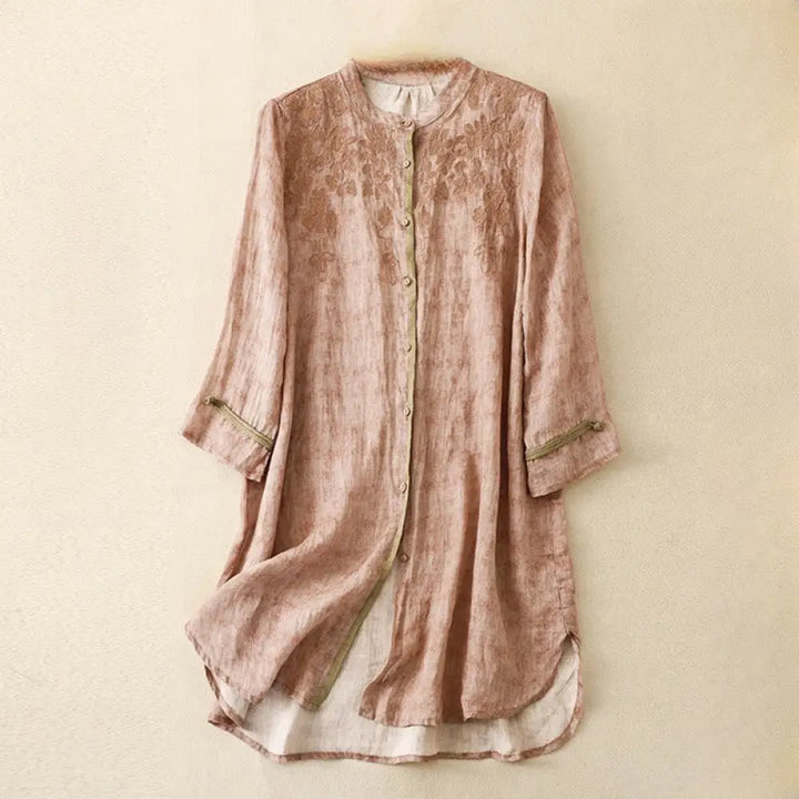 Buddha Stones Summer Casual Embroidered Stand Collar Design Three Quarter Sleeve Acrylic Midi Dress - Pink
