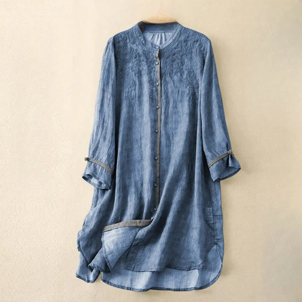 Buddha Stones Summer Casual Embroidered Stand Collar Design Three Quarter Sleeve Acrylic Midi Dress - RoyalBlue