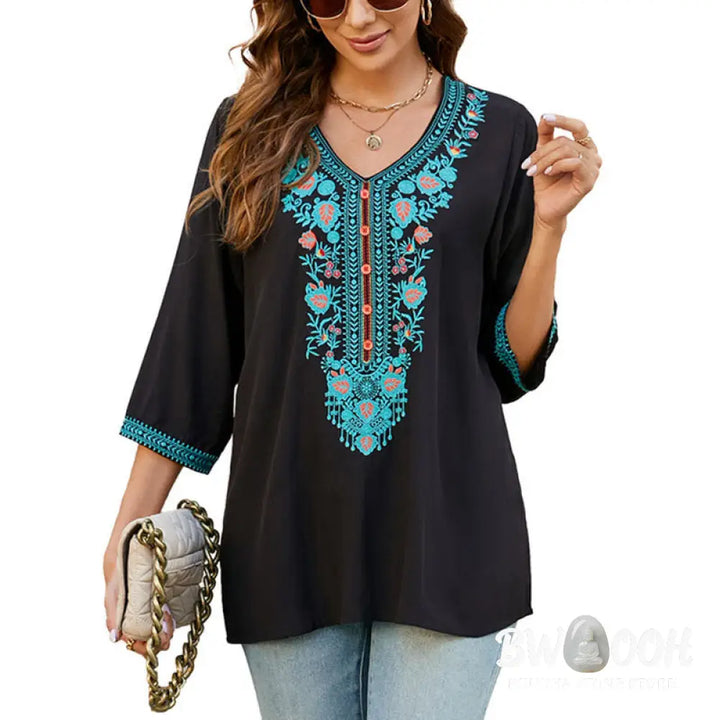 Buddha Stones Summer Casual Embroidery Flower Leaf Half Sleeve V-neck Cotton Women’s T-Shirt - Women’s T-Shirt