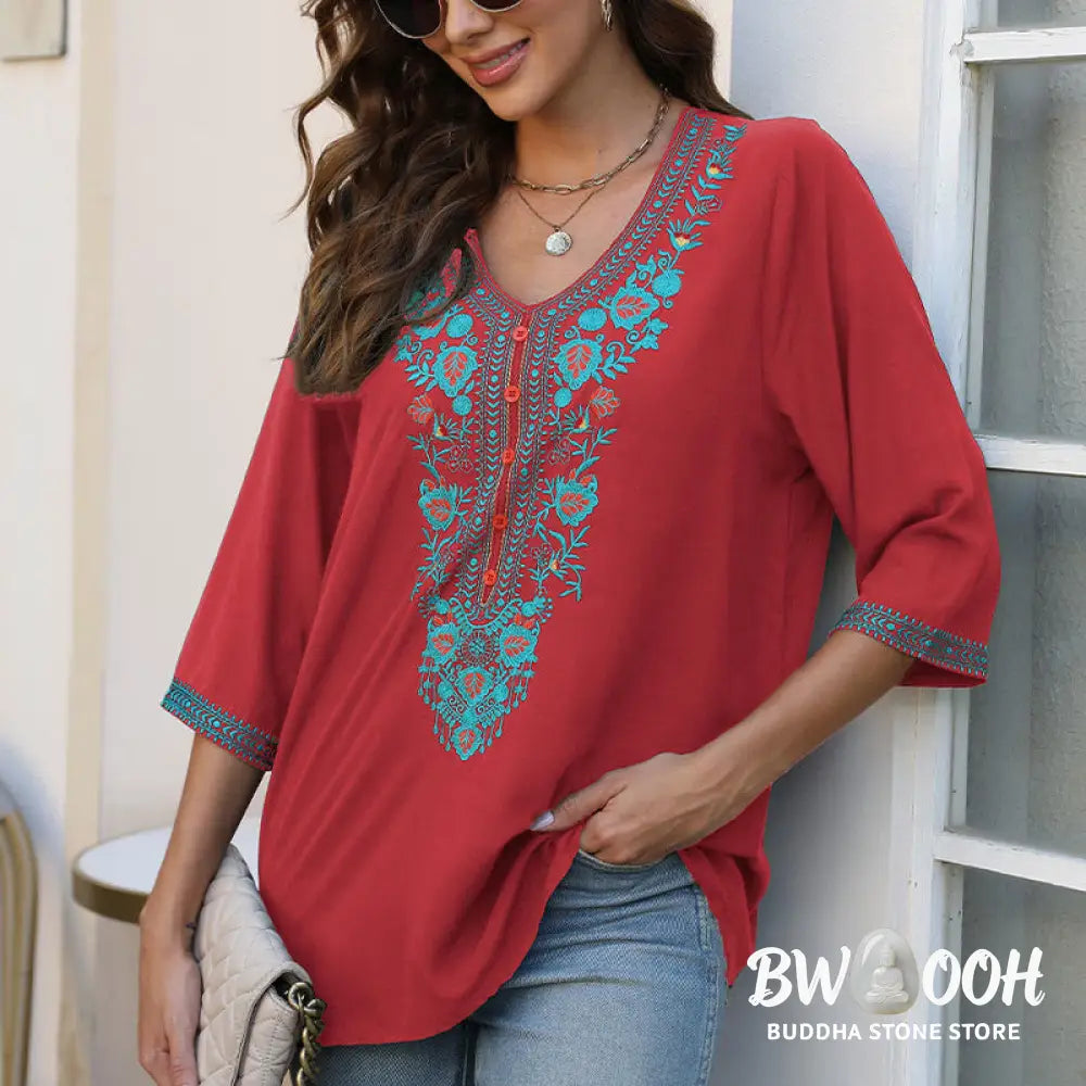 Buddha Stones Summer Casual Embroidery Flower Leaf Half Sleeve V-neck Cotton Women’s T-Shirt - Women’s T-Shirt