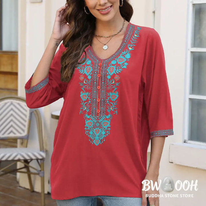 Buddha Stones Summer Casual Embroidery Flower Leaf Half Sleeve V-neck Cotton Women’s T-Shirt - Women’s T-Shirt